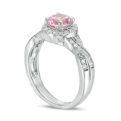 7.0mm Lab-Created Pink Sapphire and 0.25 CT. TW Diamond Braid Engagement Ring in Sterling Silver