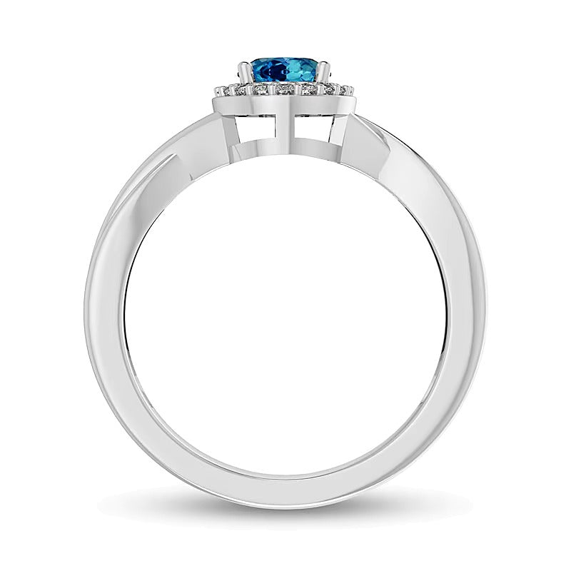 Oval Swiss Blue Topaz and 0.07 CT. TW Diamond Frame Crossover Shank Ring in 10K White Gold