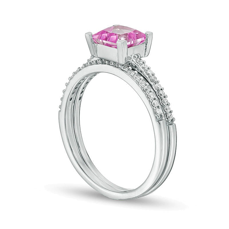 6.0mm Princess-Cut Lab-Created Pink Sapphire and 0.2 CT. TW Diamond Bridal Set in Sterling Silver