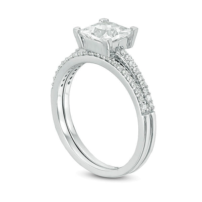 6.0mm Princess-Cut White Lab-Created Sapphire and 0.2 CT. TW Diamond Bridal Set in 10K White Gold