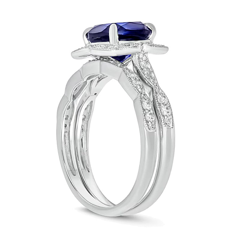Cushion-Cut Blue Lab-Created Sapphire and 0.33 CT. TW Diamond Petal Frame Vintage-Style Bridal Set in Sterling Silver