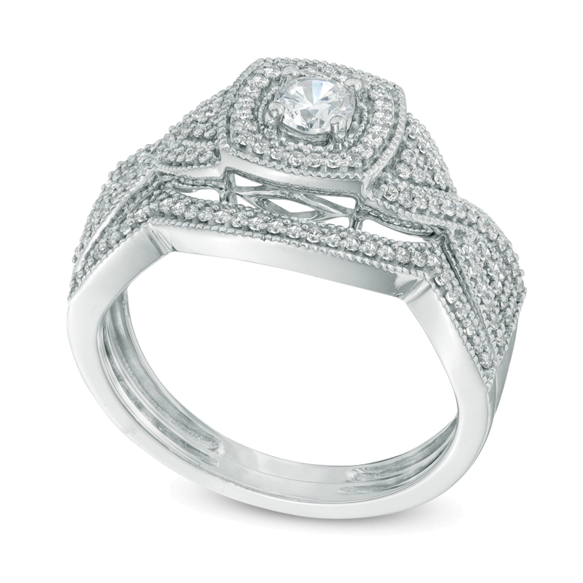 0.5 CT. TW Diamond Square Frame Twist Shank Bridal Set in 10K White Gold