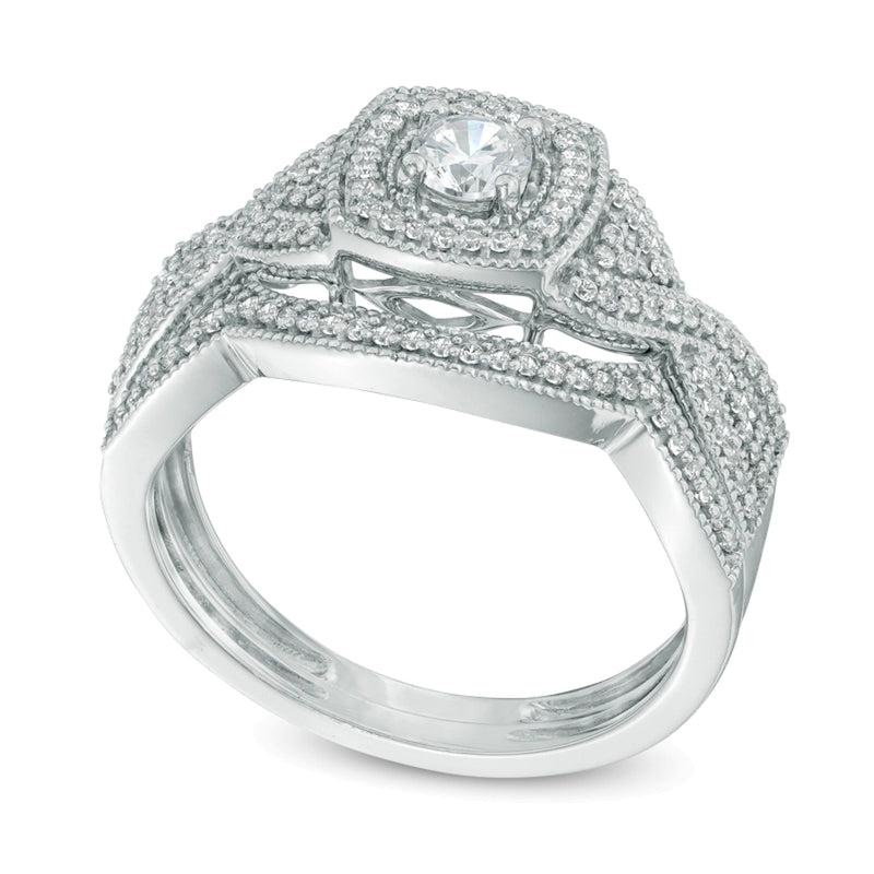 0.5 CT. TW Diamond Square Frame Twist Shank Bridal Set in 10K White Gold