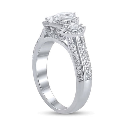 1.0 CT. TW Marquise Diamond Frame Three Stone Triple Row Split Shank Engagement Ring in 14K White Gold