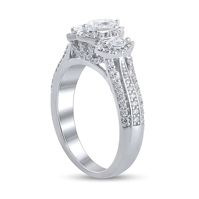 1.0 CT. TW Marquise Diamond Frame Three Stone Triple Row Split Shank Engagement Ring in 14K White Gold
