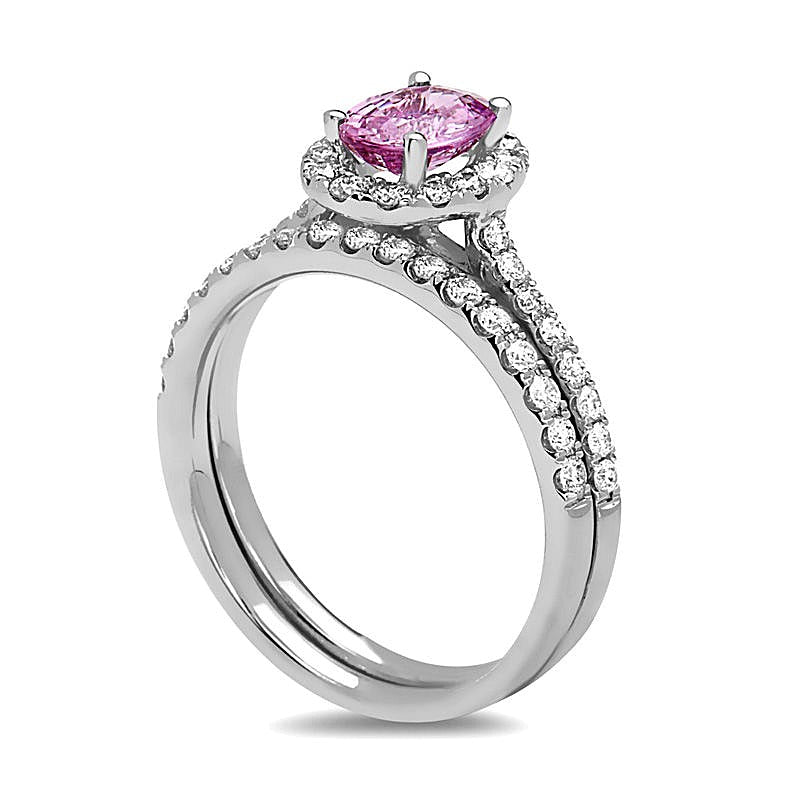 Oval Pink Sapphire and 0.63 CT. TW Diamond Frame Bridal Set in 14K White Gold