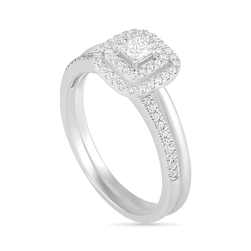 0.38 CT. TW Princess-Cut Diamond Double Cushion Frame Bridal Set in 10K White Gold