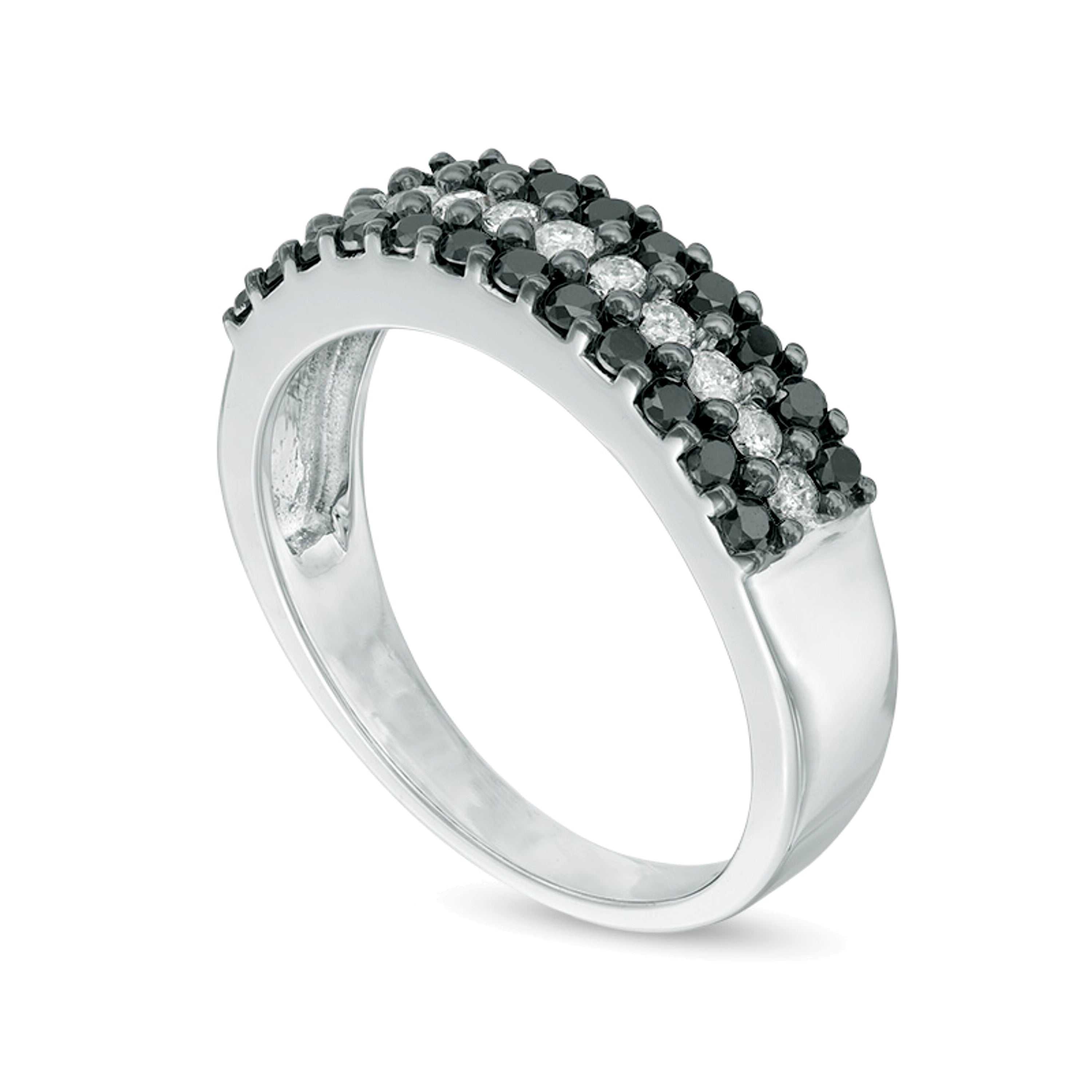 0.75 CT. TW Enhanced Black and White Diamond Three Row Anniversary Band in 10K White Gold