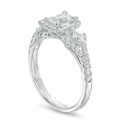 1.0 CT. TW Emerald-Cut Diamond Frame Past Present FutureÂ® Ornate Engagement Ring in 14K White Gold (I/I1)
