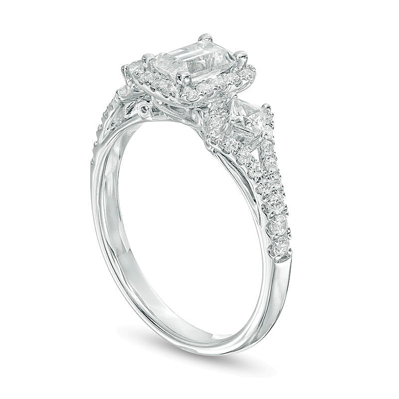 1.0 CT. TW Emerald-Cut Diamond Frame Past Present FutureÂ® Ornate Engagement Ring in 14K White Gold (I/I1)