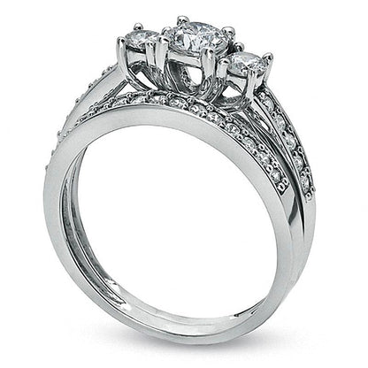 0.88 CT. TW Diamond Three Stone Bridal Set in 10K White Gold