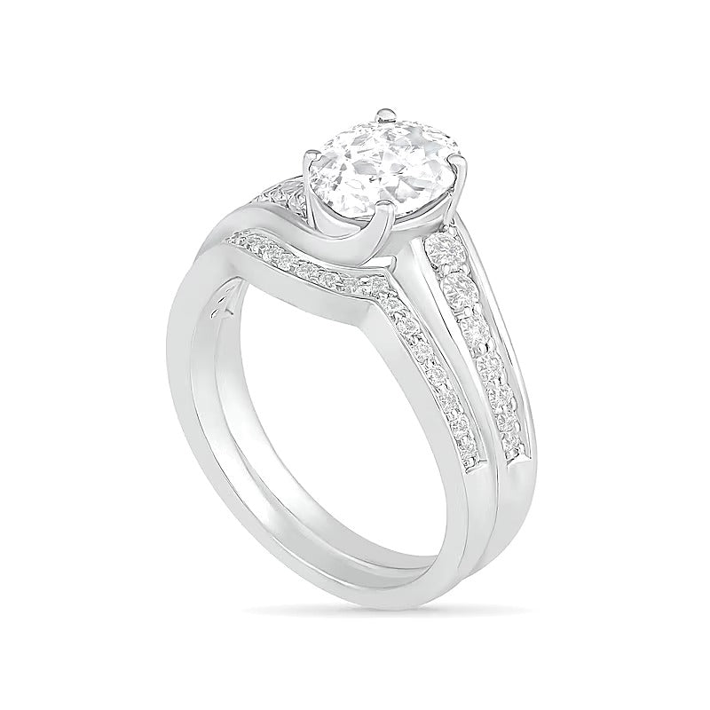 Oval White Lab-Created Sapphire Bypass Bridal Set in Sterling Silver