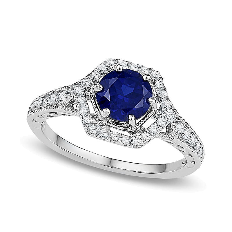 7.0mm Lab-Created Blue Sapphire and 0.38 CT. TW Diamond Bridal Set in 10K White Gold
