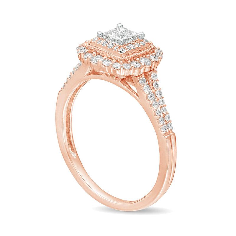 0.5 CT. TW Princess-Cut Quad Diamond Square Frame Vintage-Style Engagement Ring in 10K Rose Gold