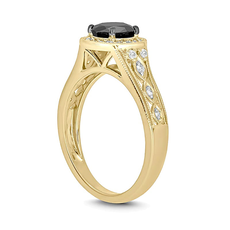 6.0mm Black Sapphire and 0.2 CT. TW Diamond Frame Twist Shank Vintage-Style Engagement Ring in 10K Gold