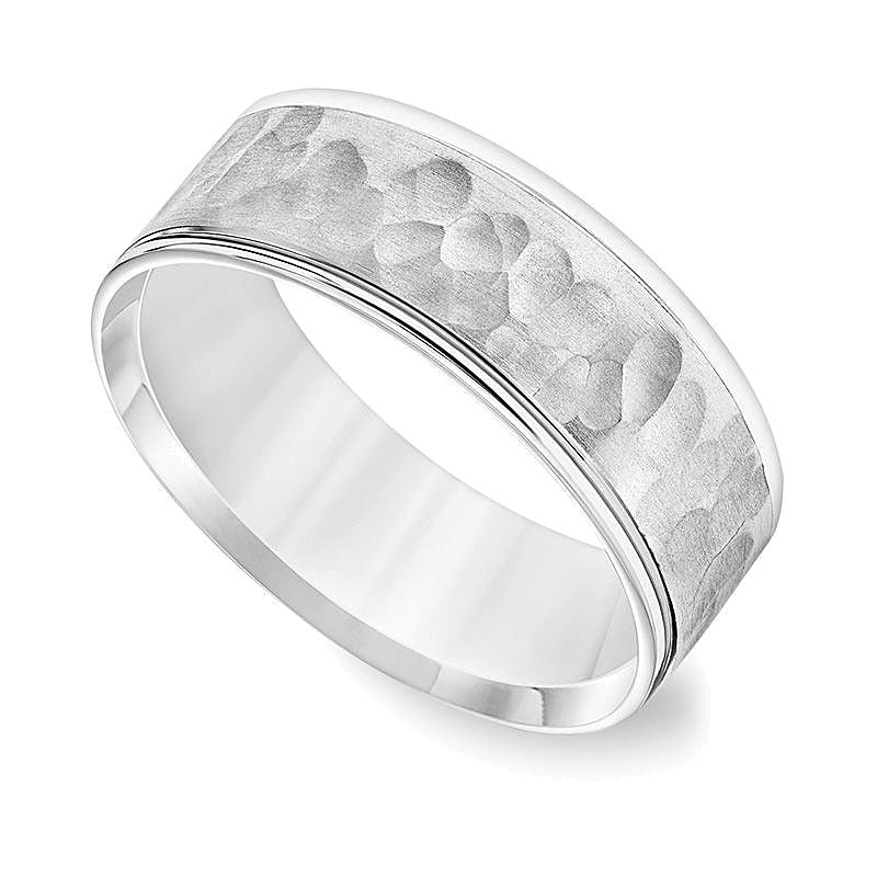 7.5mm Comfort-Fit Brushed Hammered Wedding Band in 14K White Gold