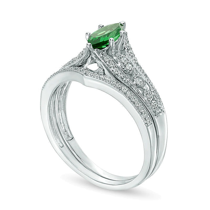 Marquise Lab-Created Emerald and 0.2 CT. TW Diamond Vintage-Style Bridal Set in 10K White Gold