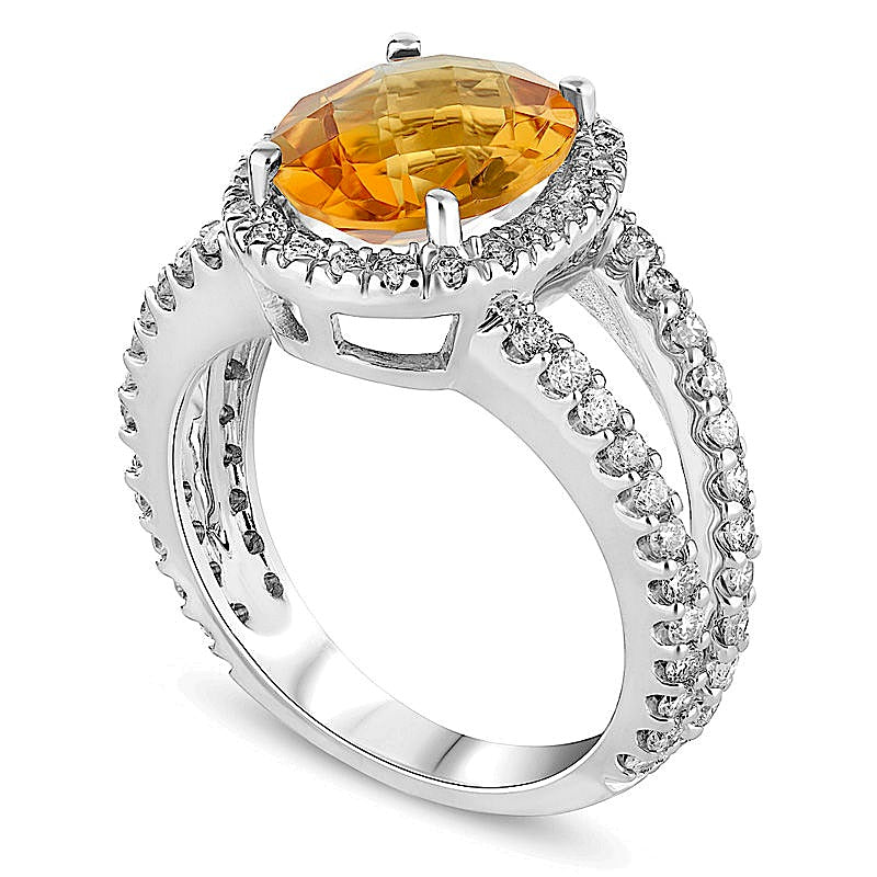 Oval Citrine and 0.88 CT. TW Diamond Frame Split Shank Ring in 14K White Gold