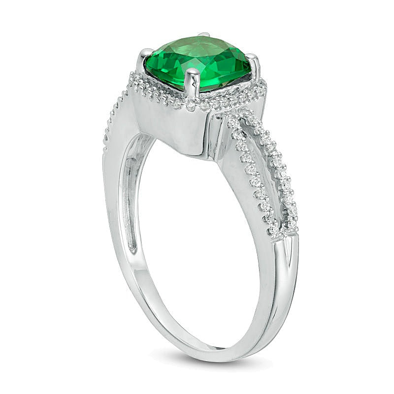 7.0mm Cushion-Cut Lab-Created Emerald and 0.13 CT. TW Diamond Frame Split Shank Engagement Ring in 10K White Gold