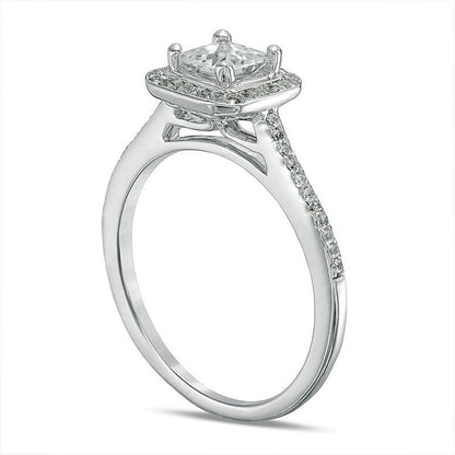 4.3mm Princess-Cut Lab-Created White Sapphire and 0.17 CT. TW Diamond Frame Engagement Ring in 10K White Gold