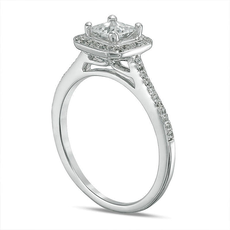 4.3mm Princess-Cut Lab-Created White Sapphire and 0.17 CT. TW Diamond Frame Engagement Ring in 10K White Gold