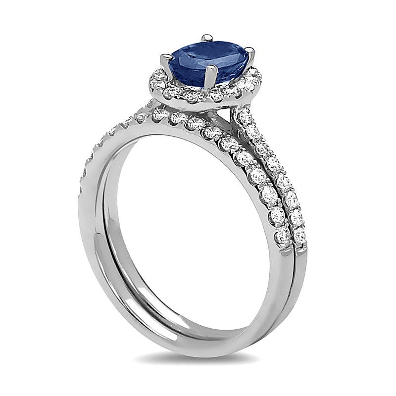 Oval Blue Sapphire and 0.63 CT. TW Diamond Frame Bridal Set in 14K White Gold
