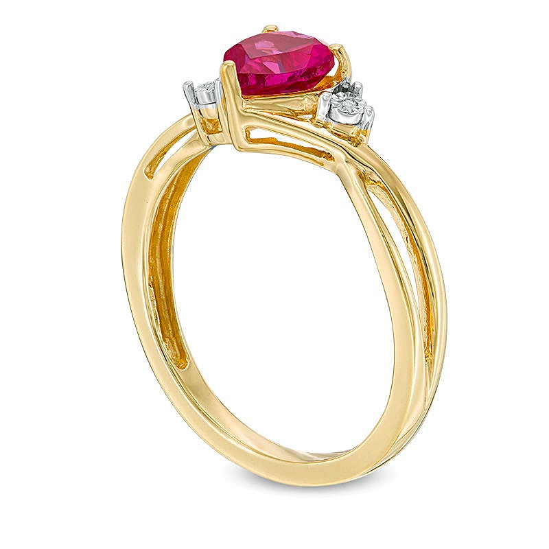 6.0mm Heart-Shaped Lab-Created Ruby and Diamond Accent Split Shank Ring in 10K Gold