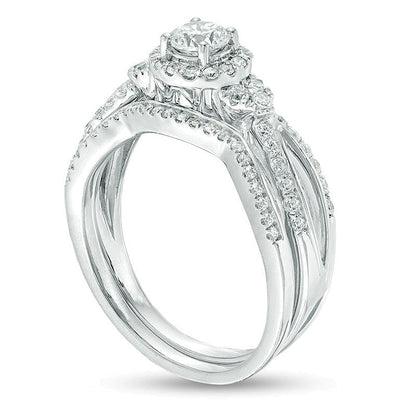 0.75 CT. TW Diamond Frame Tri-Sides Bridal Set in 10K White Gold