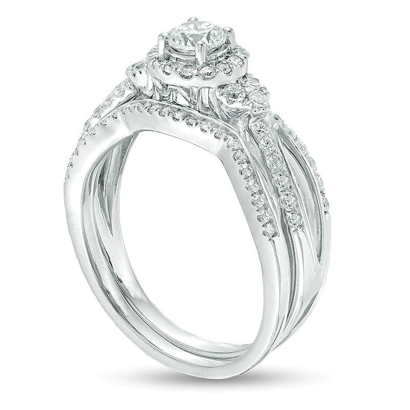 0.75 CT. TW Diamond Frame Tri-Sides Bridal Set in 10K White Gold