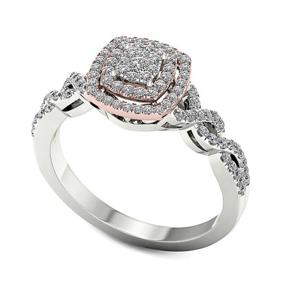 0.33 CT. TW Composite Diamond Double Cushion Frame Twist Engagement Ring in 14K Two-Tone Gold