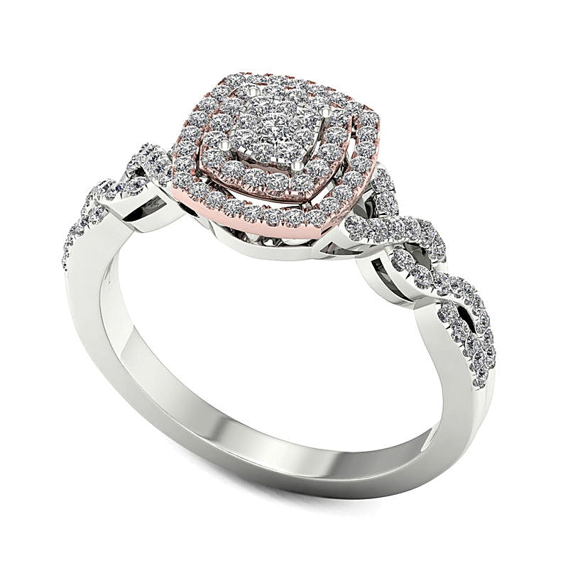 0.33 CT. TW Composite Diamond Double Cushion Frame Twist Engagement Ring in 14K Two-Tone Gold