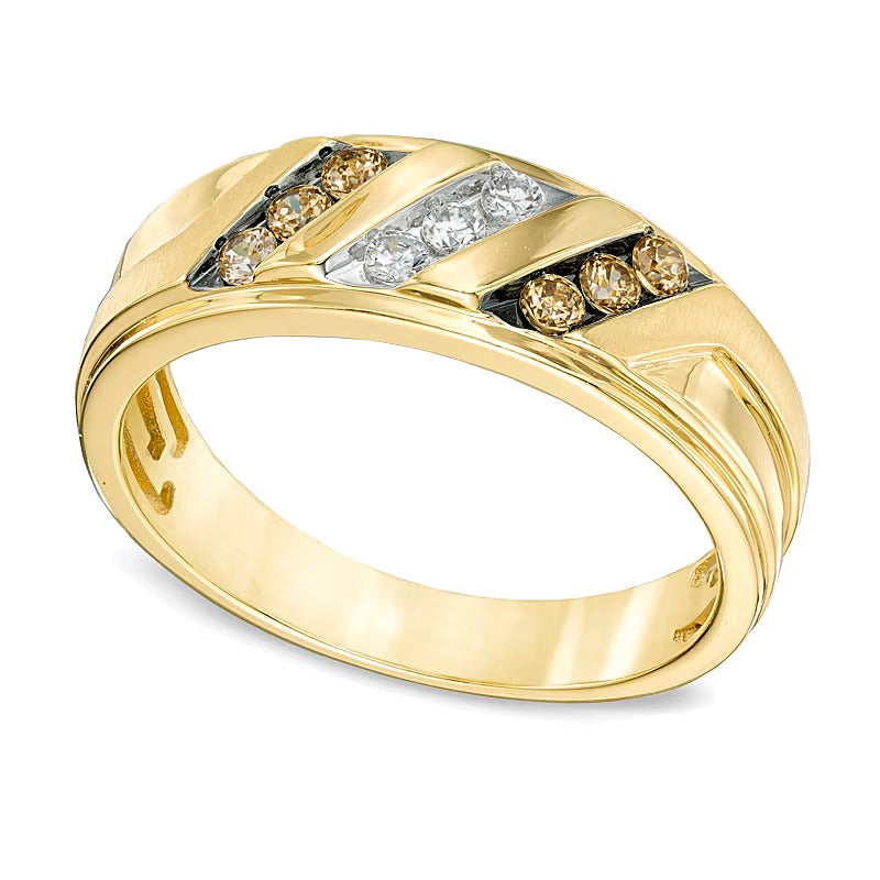 0.33 CT. TW Champagne and White Diamond Slant Ring in 10K Gold