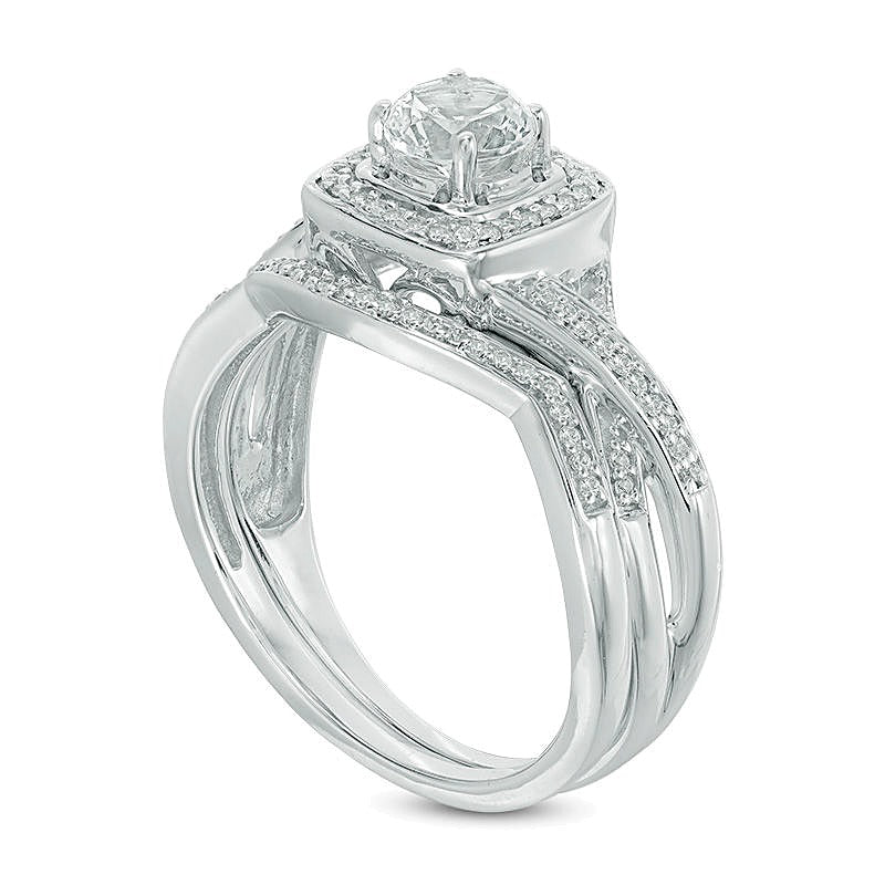 5.0mm Lab-Created White Sapphire and Diamond Accent Frame Twist Bridal Set in Sterling Silver