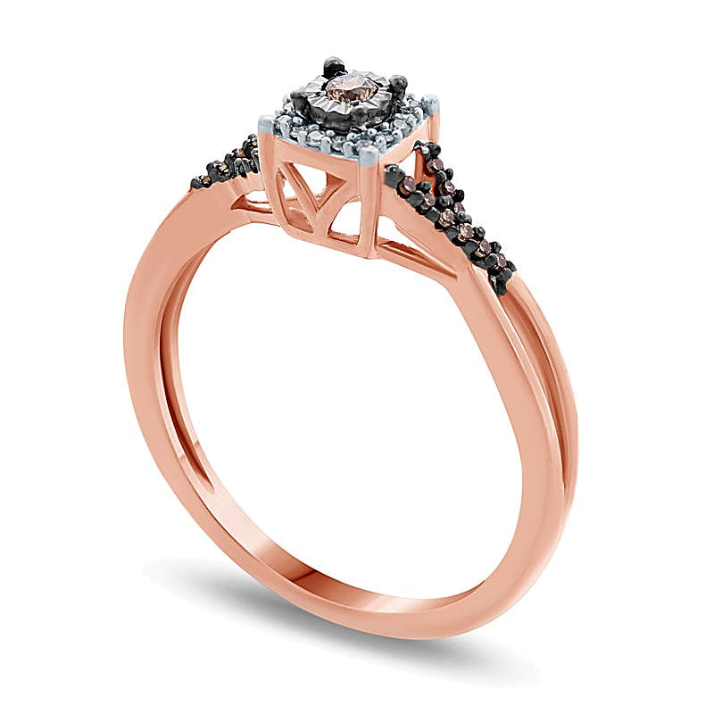 0.1 CT. TW Champagne and White Diamond Frame Twist Shank Promise Ring in 10K Rose Gold