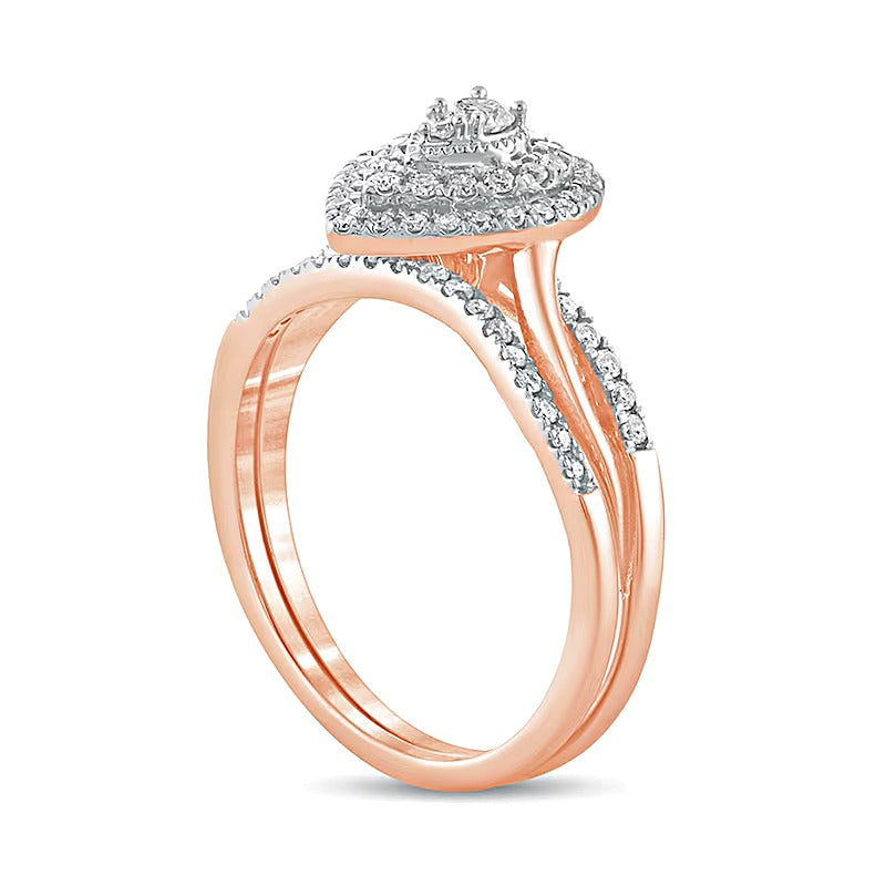 0.38 CT. TW Composite Diamond Pear-Shaped Double Frame Twist Shank Bridal Set in 10K Rose Gold