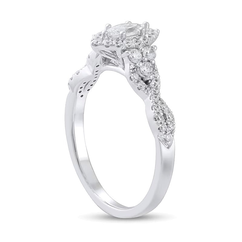 0.75 CT. TW Marquise Diamond Frame Tri-Sides Twist Shank Engagement Ring in 14K White Gold