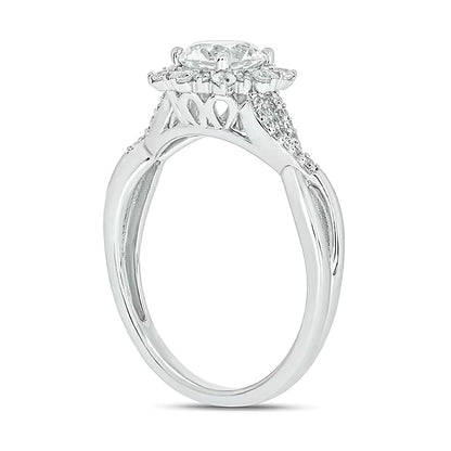 6.0mm White Lab-Created Sapphire and 0.25 CT. TW Diamond Sunburst Frame Twist Shank Engagement Ring in 10K Gold