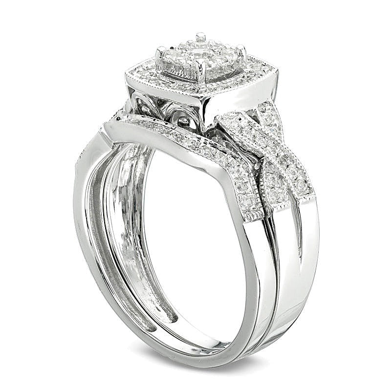 0.5 CT. TW Multi-Diamond Cushion Frame Vintage-Style Bridal Set in 10K White Gold