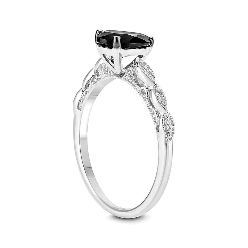 Pear-Shaped Black Sapphire and 0.1 CT. TW Diamond Vintage-Style Engagement Ring in 10K White Gold
