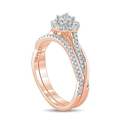 0.5 CT. TW Diamond Frame Twist Shank Bridal Set in 10K Rose Gold