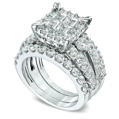 4.0 CT. TW Quad Princess-Cut Diamond Frame Three Piece Bridal Set in 14K White Gold