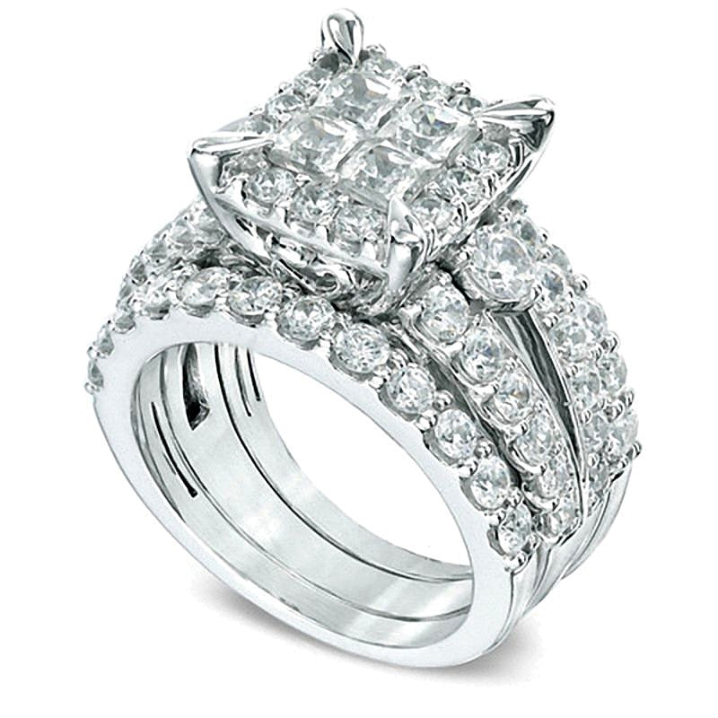 4.0 CT. TW Quad Princess-Cut Diamond Frame Three Piece Bridal Set in 14K White Gold