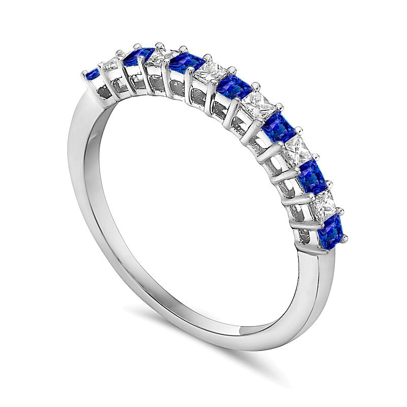 Princess-Cut Blue Sapphire and 0.2 CT. TW Princess-Cut Diamond Alternating Anniversary Band in 10K White Gold