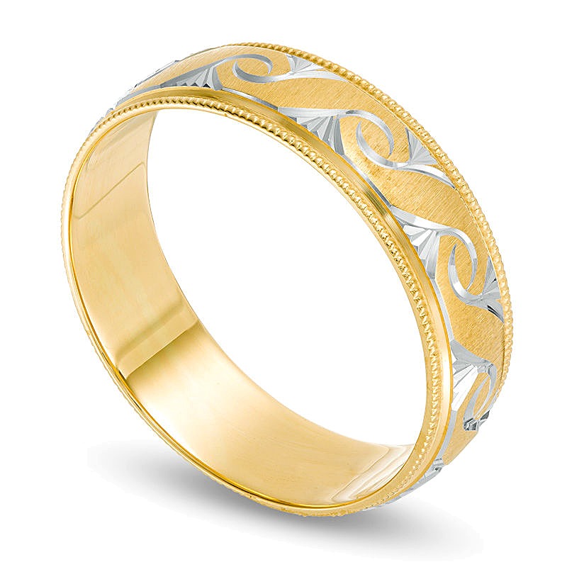6.0mm Diamond-Cut Swirl Milgrain Edge Comfort Fit Wedding Band in 10K Gold with White Rhodium