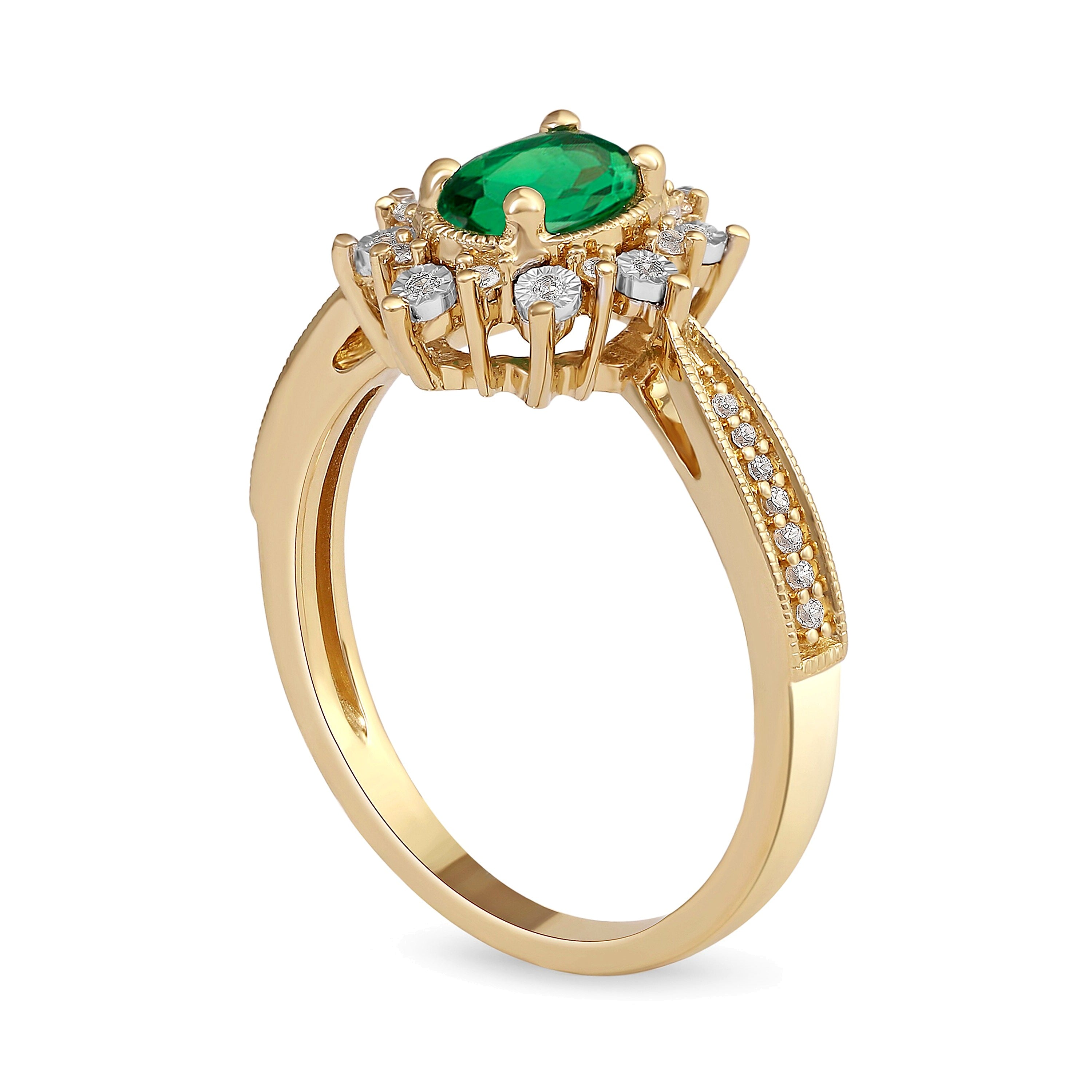 Oval Emerald and 0.1 CT. TW Diamond Sunburst Frame Vintage-Style Tapered Shank Ring in 10K Gold
