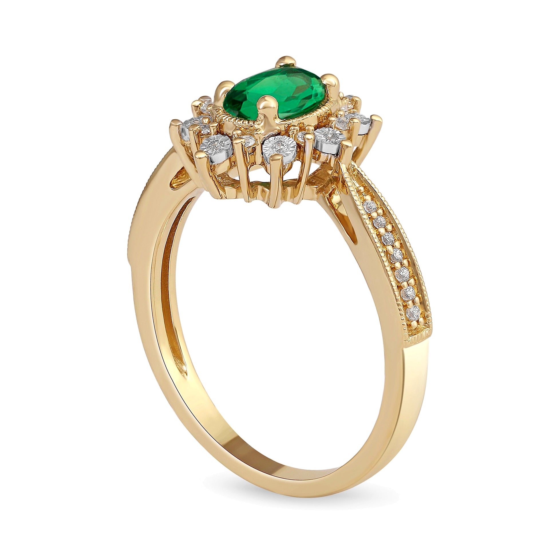 Oval Emerald and 0.1 CT. TW Diamond Sunburst Frame Vintage-Style Tapered Shank Ring in 10K Gold