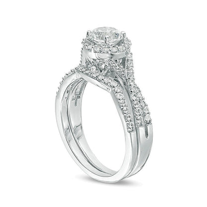 6.0mm Lab-Created White Sapphire Frame Criss-Cross Shank Bridal Set in Sterling Silver