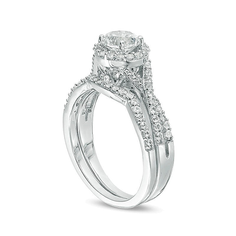 6.0mm Lab-Created White Sapphire Frame Criss-Cross Shank Bridal Set in Sterling Silver