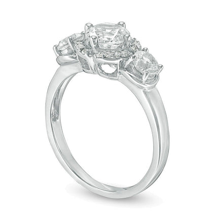 Lab-Created White Sapphire Three Stone Flower Frame Engagement Ring in 10K White Gold