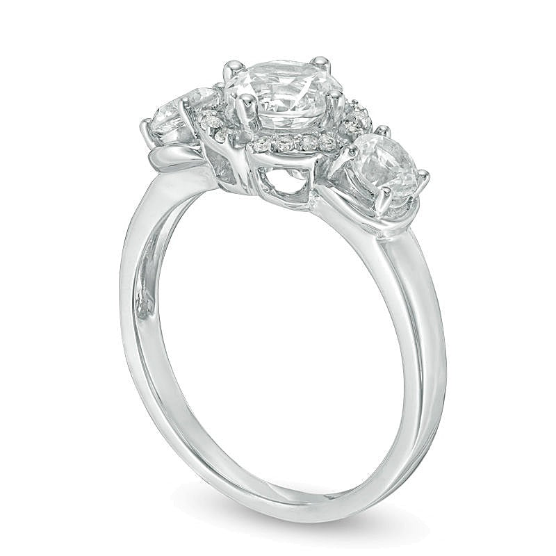 Lab-Created White Sapphire Three Stone Flower Frame Engagement Ring in 10K White Gold